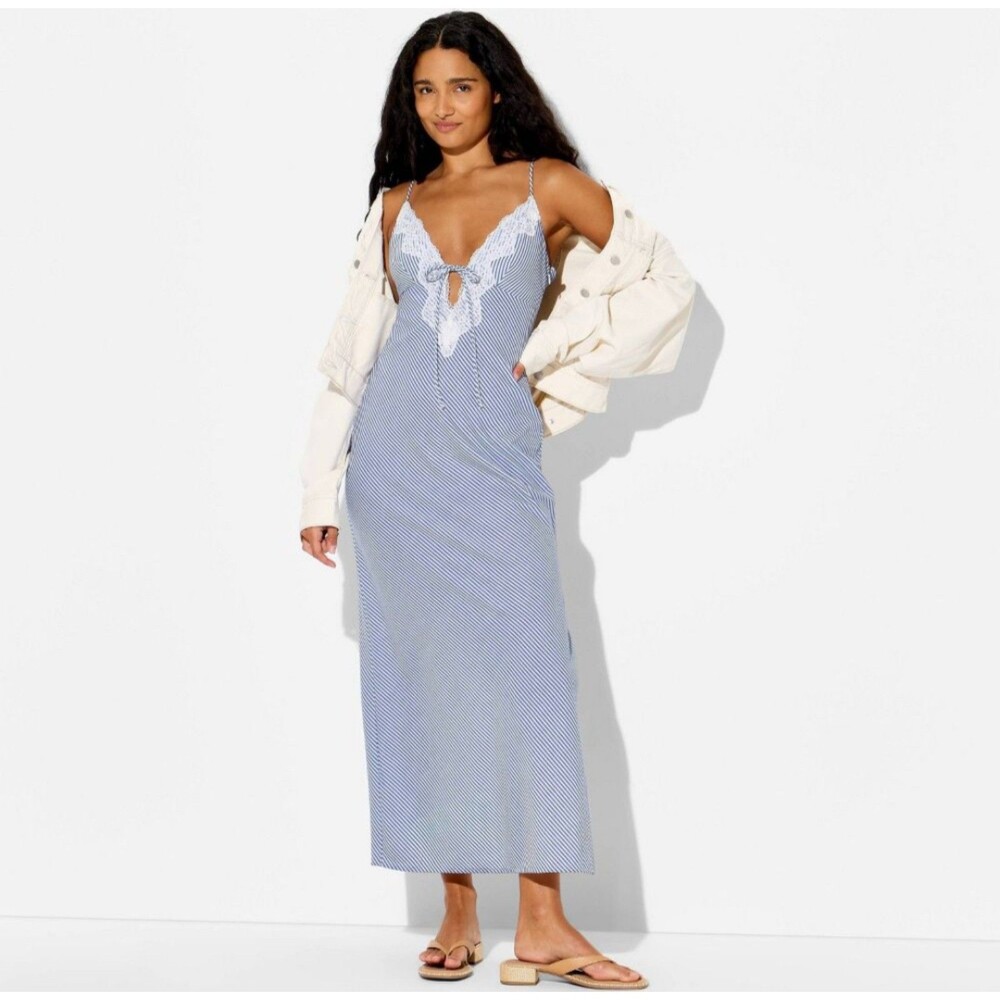 Women's Wild Fable Lace Trim Maxi Empire Waist Dress Blue Striped Small